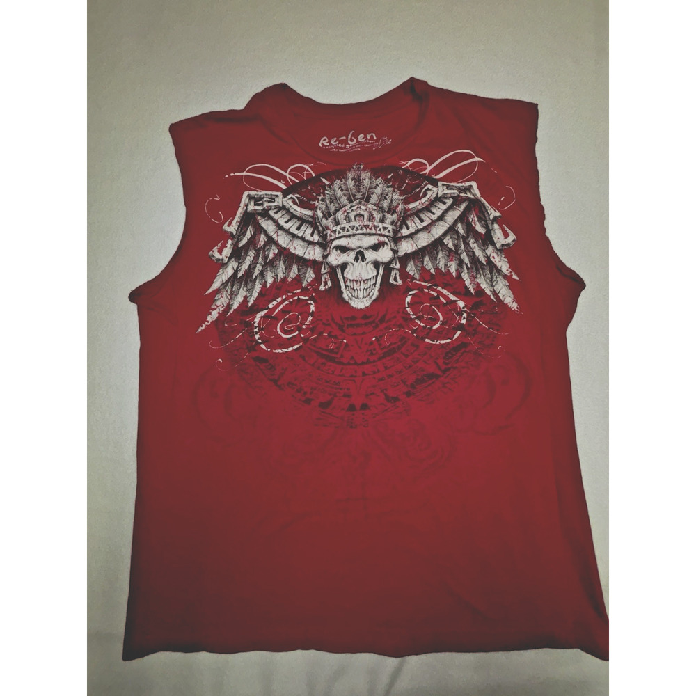 XL Re-Gen T-Shirt Skull Feathers Organic Cotton Sleeves Removed Red Muscle